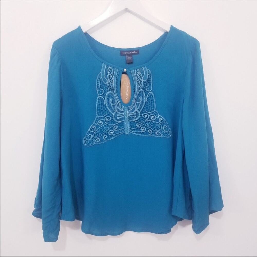 Veronica & Stella Teal Embroidered Keyhole Top Coastal Grandma Bohemian